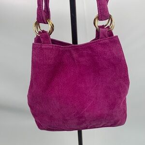 Vintage Marquis Fuschia Pink Magenta Suede Shoulder Bag Gold Rings accent Pocket